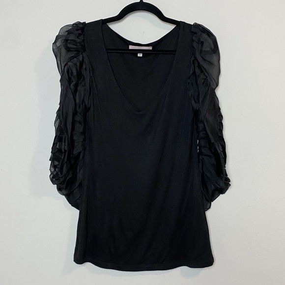 Katharine Kidd Pleated Sheer Sleeve Black Top - Picture 5 of 10